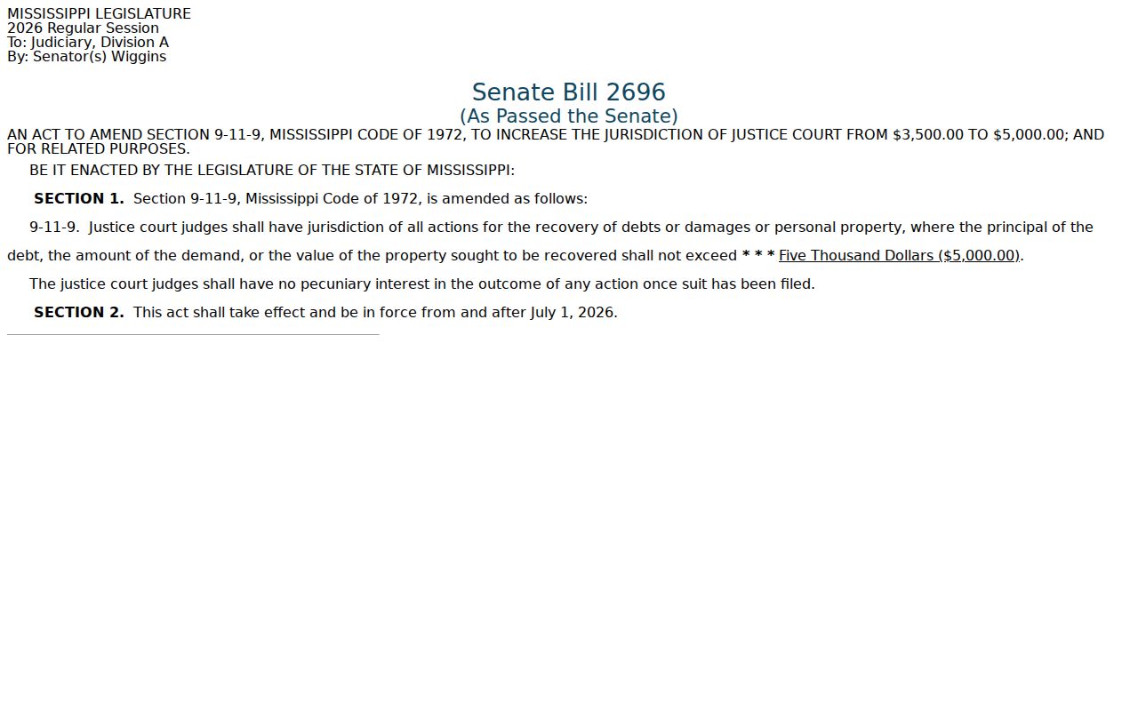 Choctaw County civil docket Mississippi justice court jurisdiction bill source