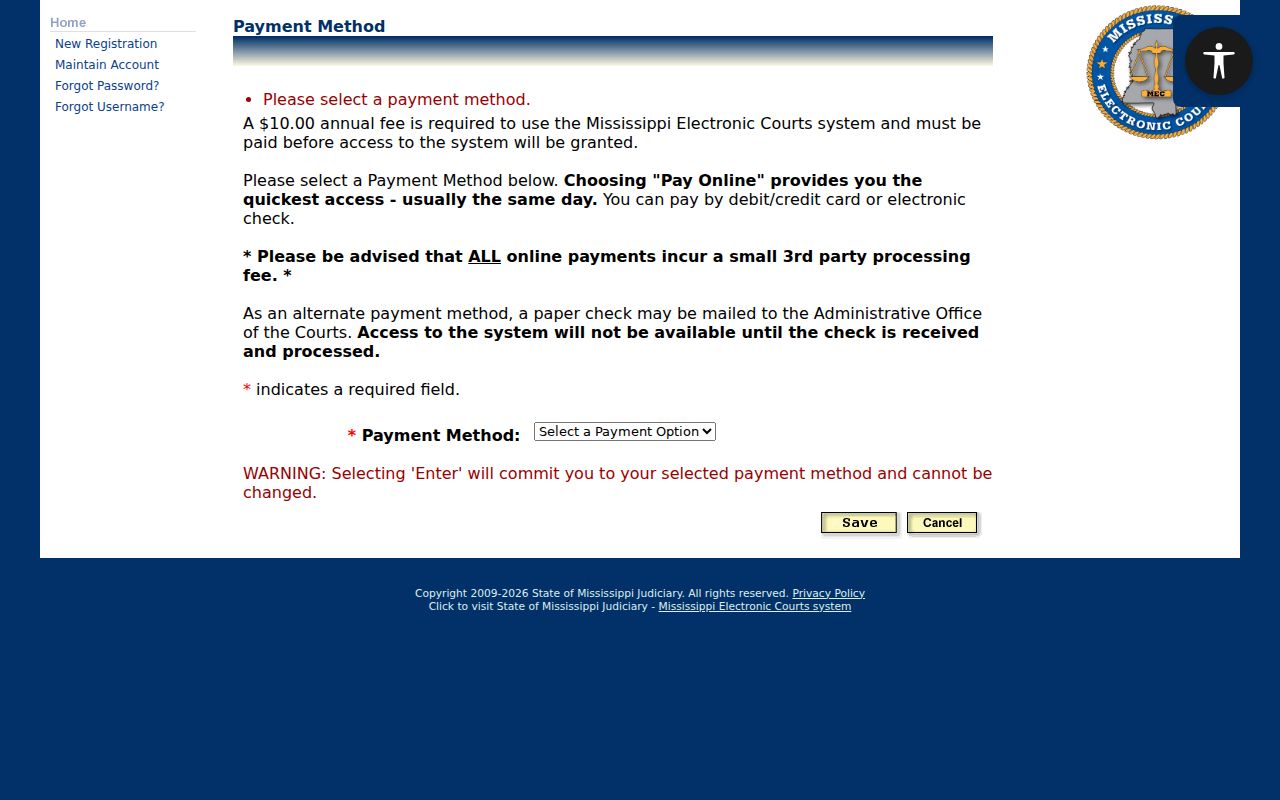 Choctaw County civil docket PAMEC payment method screen