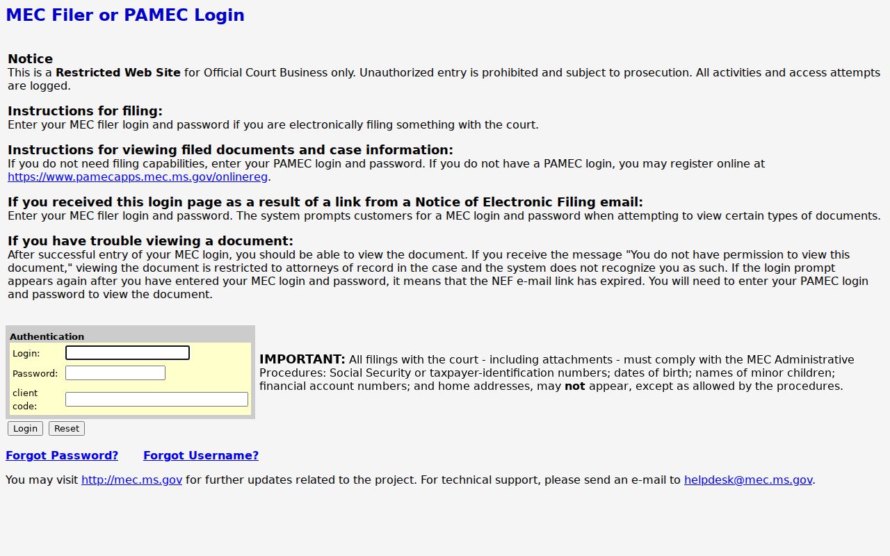 Choctaw County civil docket Sixth Chancery MEC login and access notice