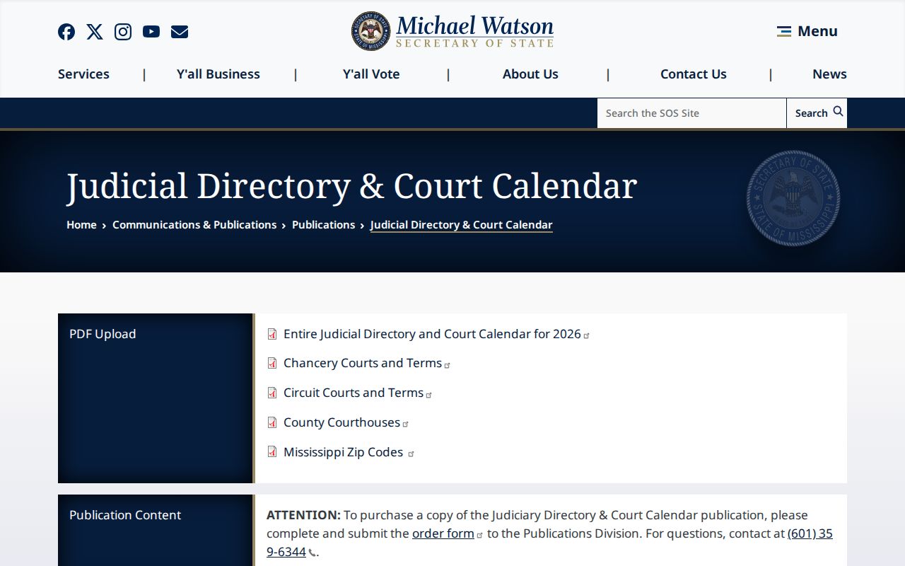 Choctaw County court calendar source at the Mississippi Judicial Directory