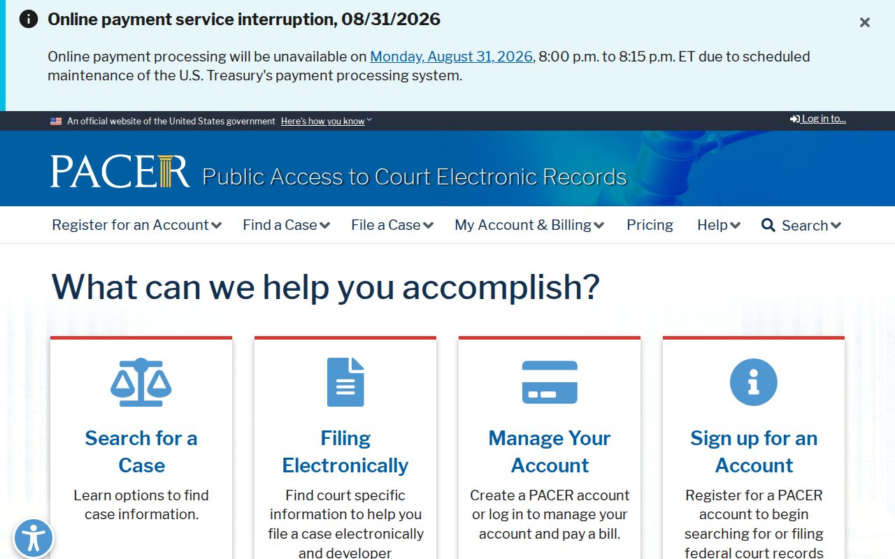Choctaw County court docket federal PACER access page